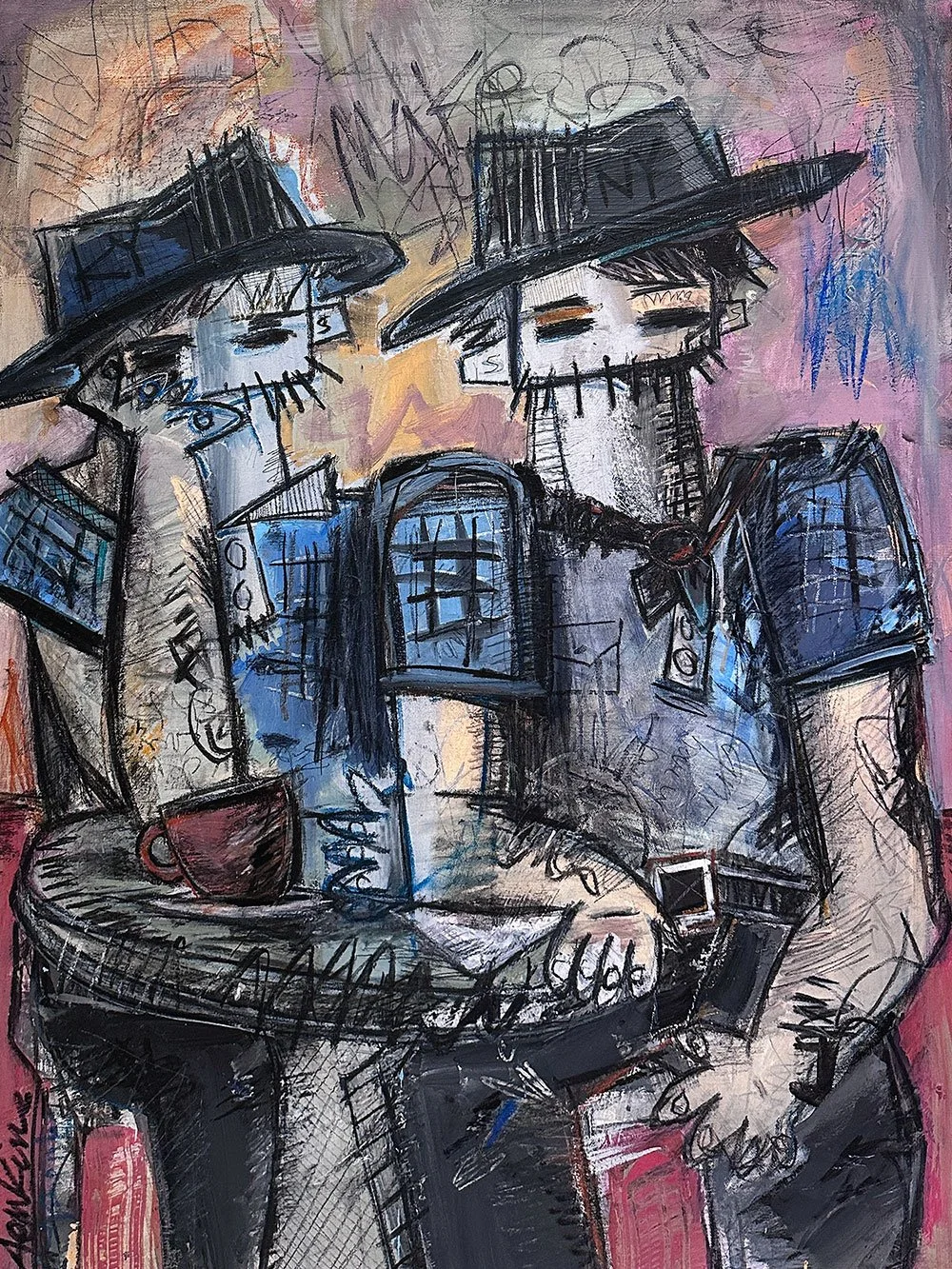 An expressive contemporary art painting by Joshua Jenkins of two figures sitting at a table with coffee cup, graffiti-like textures and bold colors throughout.