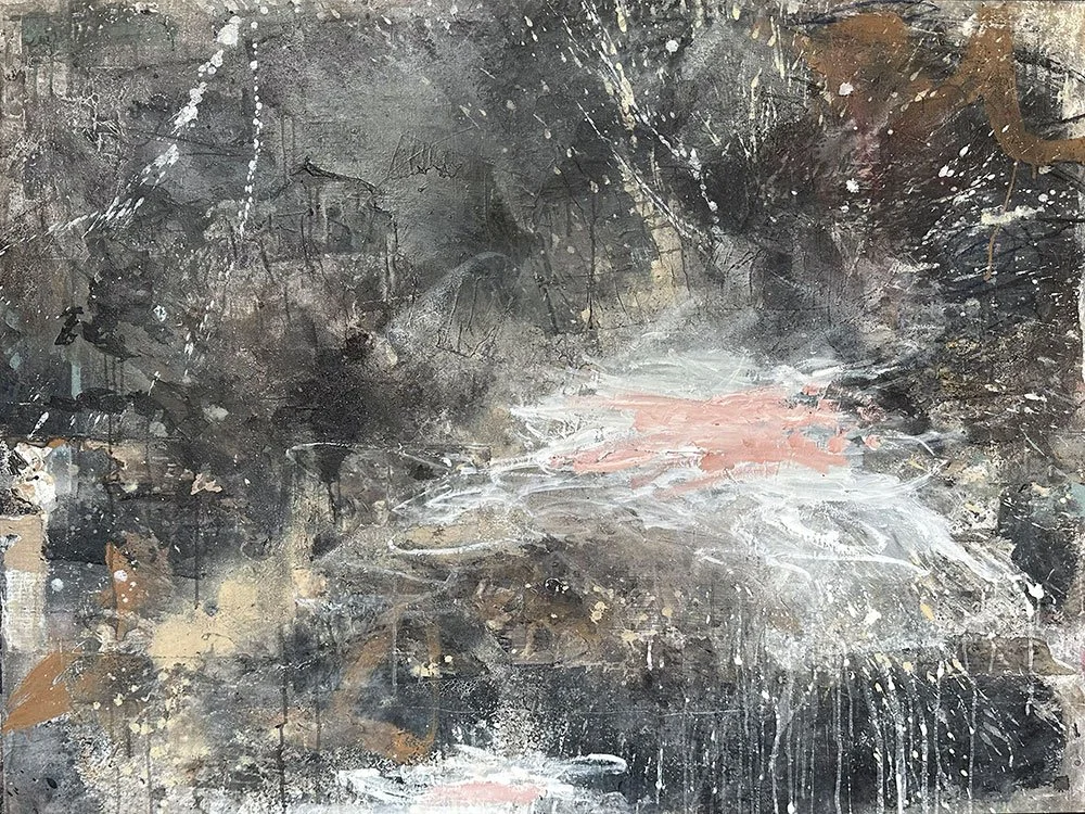 An expressive contemporary abstract art painting by Joshua Jenkins with masculine palette and textures inspired the cosmos.