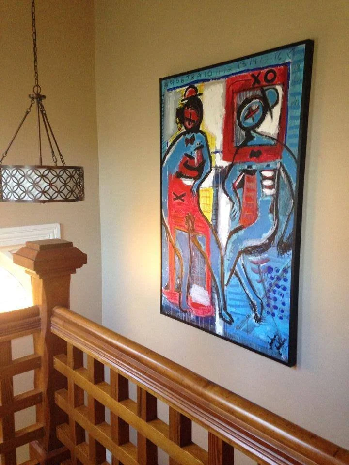 Colorful abstract painting of two figures, one holding a drink, with various medical symbols and markings.