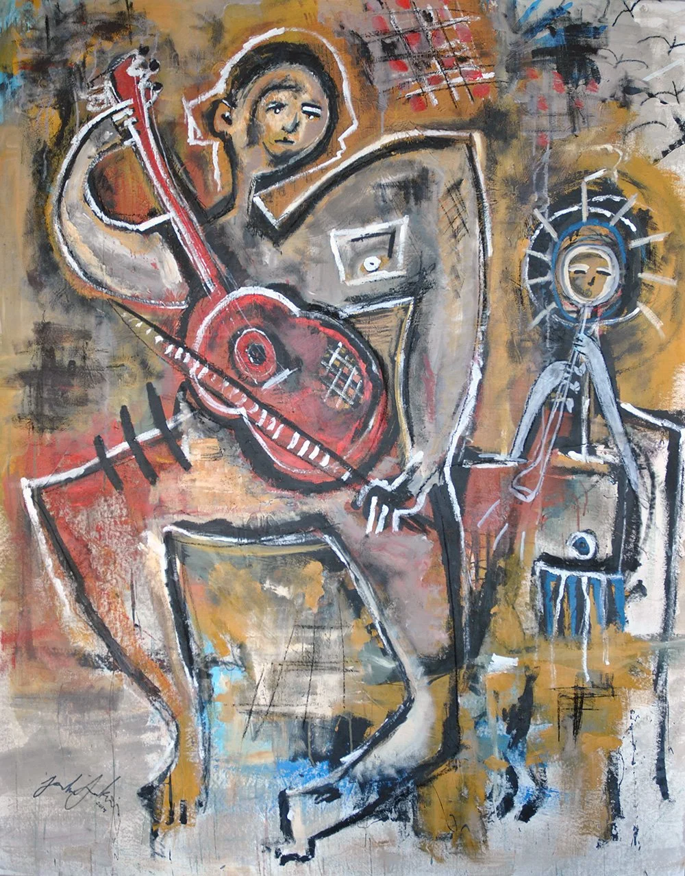 An abstract painting of a person with short hair sitting and playing a red guitar, with a small figure playing drums nearby, against a busy, multicolored background.