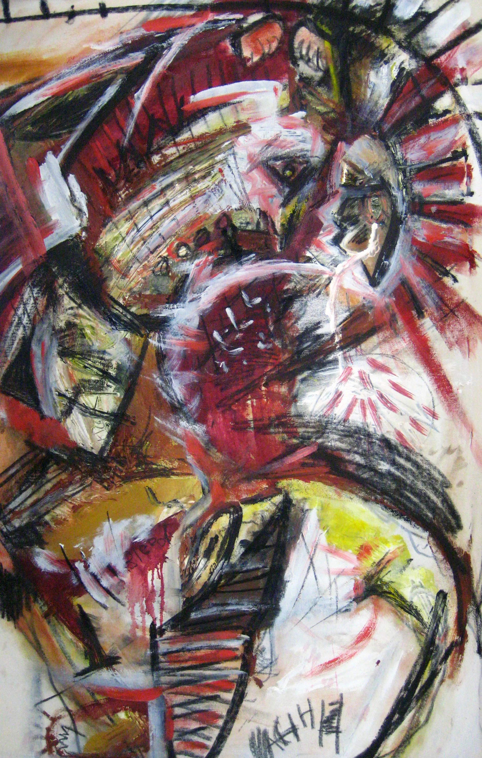 An abstract painting of a man with exaggerated and distorted features, including a prominent nose and expressive eyes, rendered with bold brushstrokes in red, black, white, and yellow, conveying intense emotion and energy.