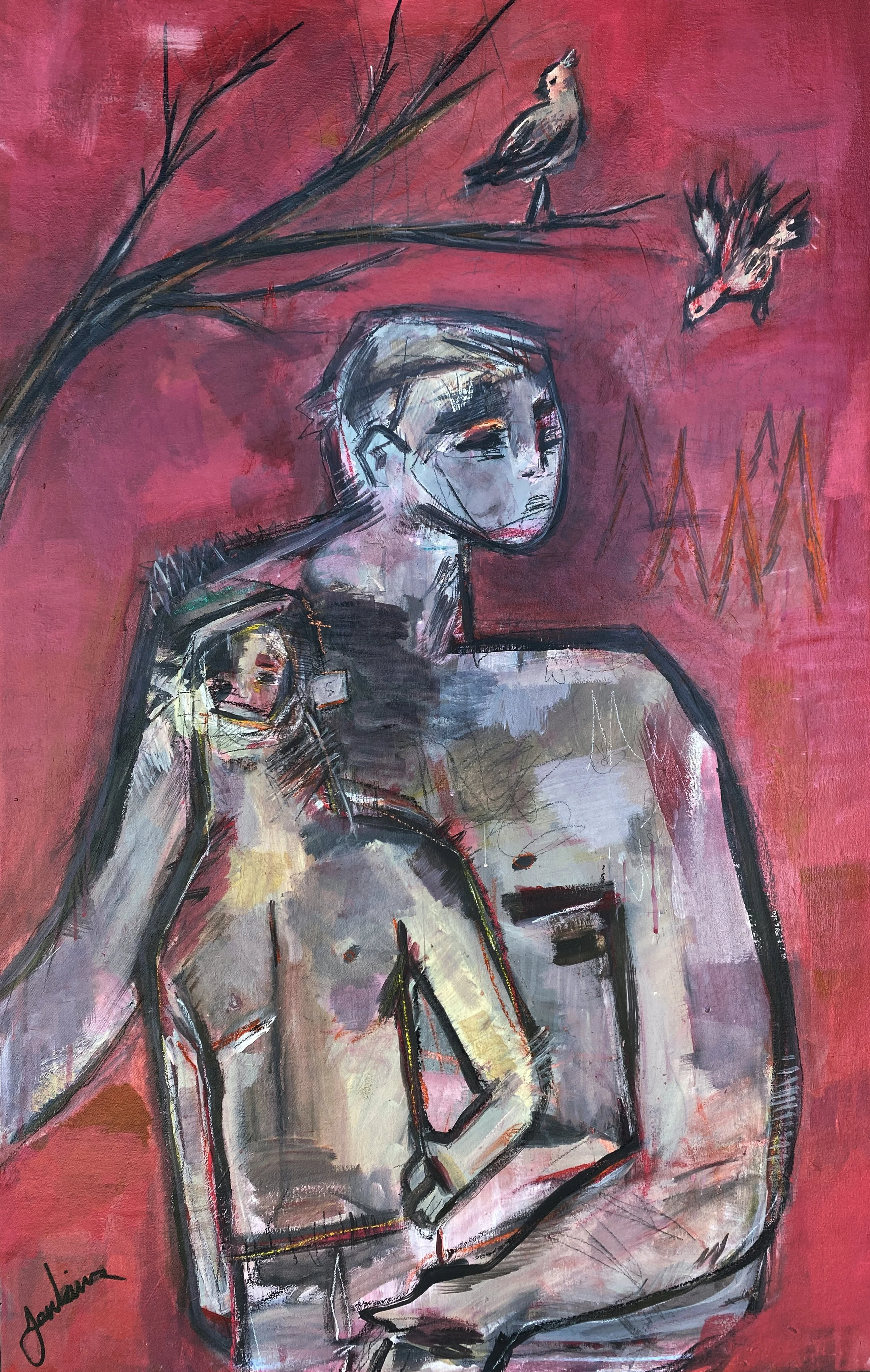 an expressive painting of two figus and two birds. the painting is red  and the figus gray with pops of color. It appears to be a male figue with a young child figure sitting on his lap with a hand on his hip.