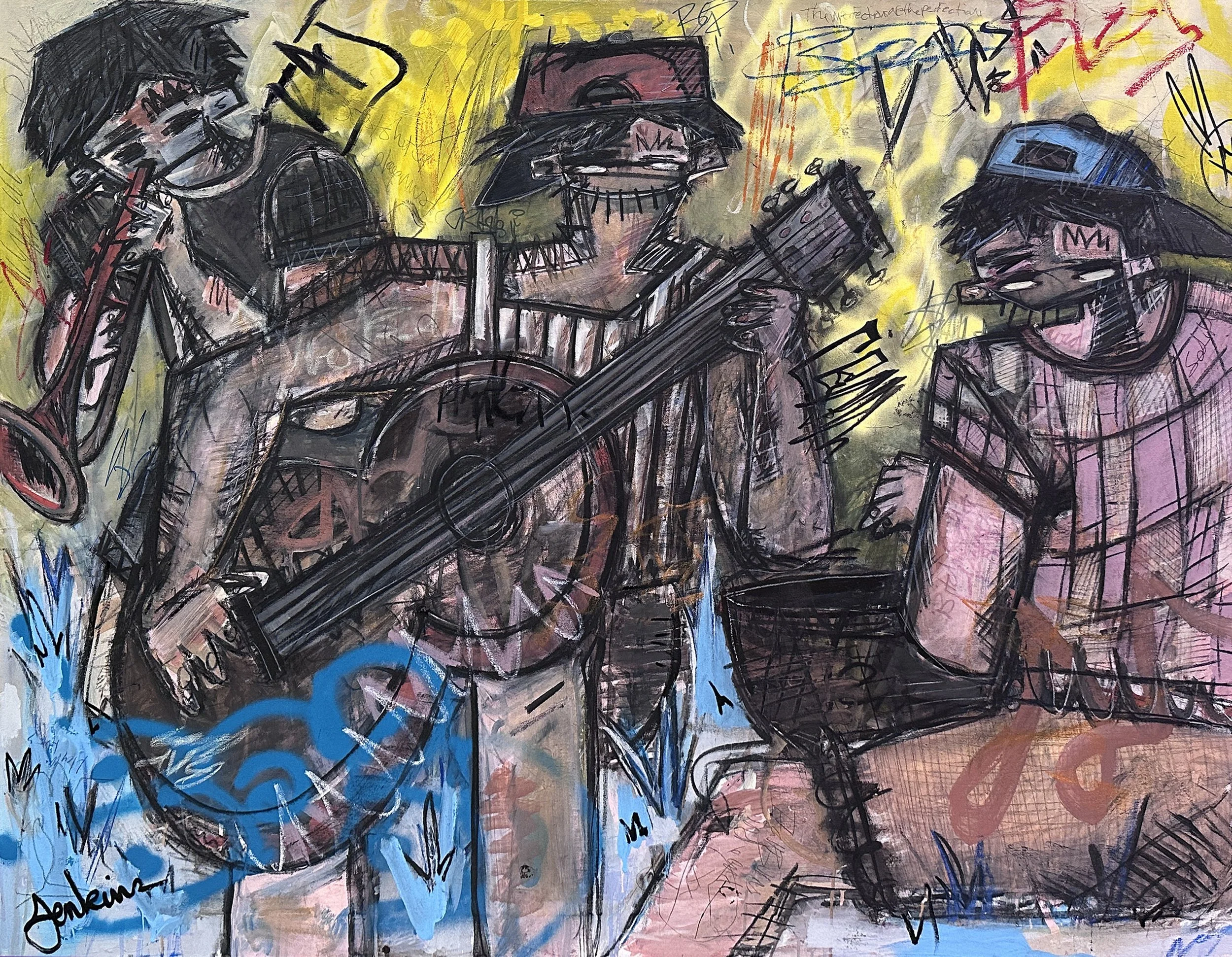 An expressive contemporary art painting by Joshua Jenkins of three figures playing music, graffiti-like textures and bold colors throughout.