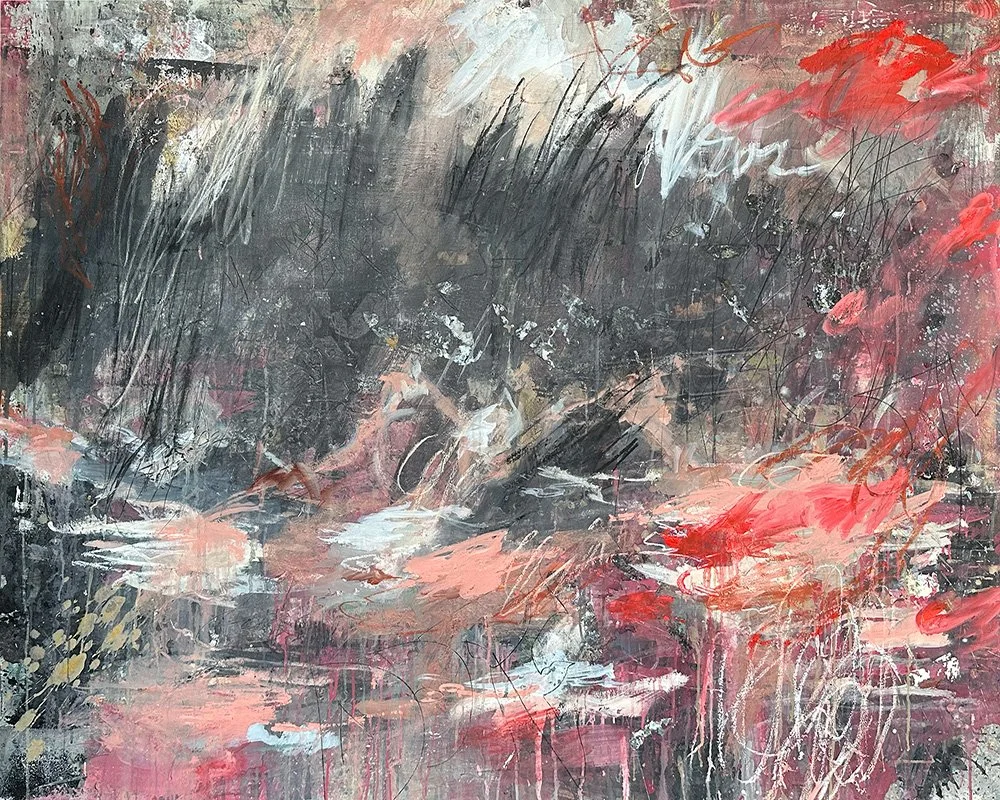 An expressive contemporary abstract art painting by Joshua Jenkins with masculine palette and textures inspired by cy twombly.