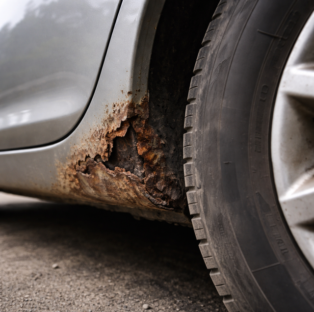 rusted car frame rail with visible daylight hole