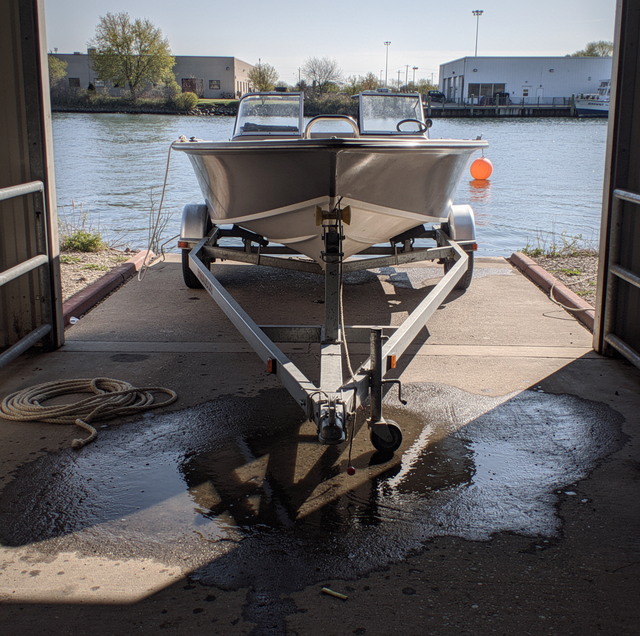 Disabled boat listing near empty launch ramp