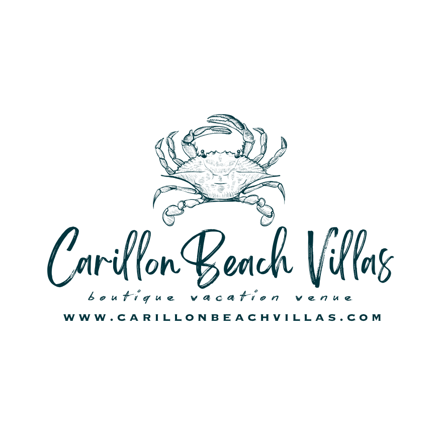Logo for Carillon Beach Villas featuring a crab illustration, with text including the name, description as boutique vacation venue, and website URL.