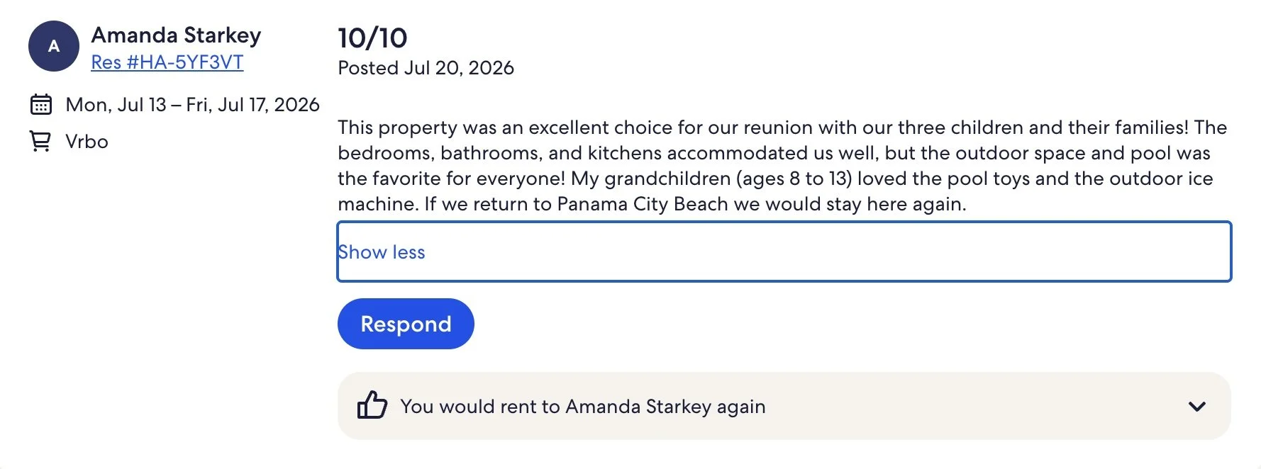 Screenshot of a positive rental review from Amanda Starkey, posted July 20, 2026, describing a stay at a property in Panama City Beach from July 13 to July 17, 2026, mentioning the outdoor space and pool, and children's activities.