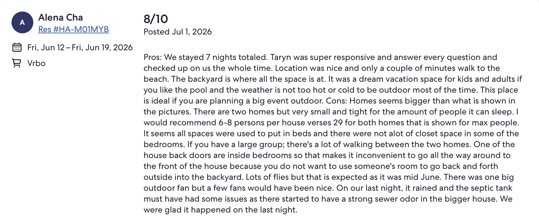 Travel review written by Alena Cha about a stay at a vacation property, including pros and cons.