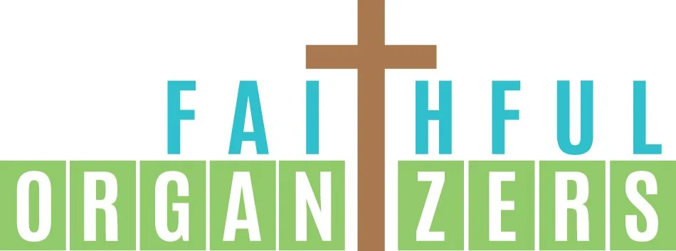 Text with a large brown cross in the center. Above the cross, the words 'FAITHFUL' in blue letters, with 'F A I' at the top. Below the cross, the words 'ORGAN ZERS' with each letter inside a green square, forming the phrase 'ORGAN ZERS.'