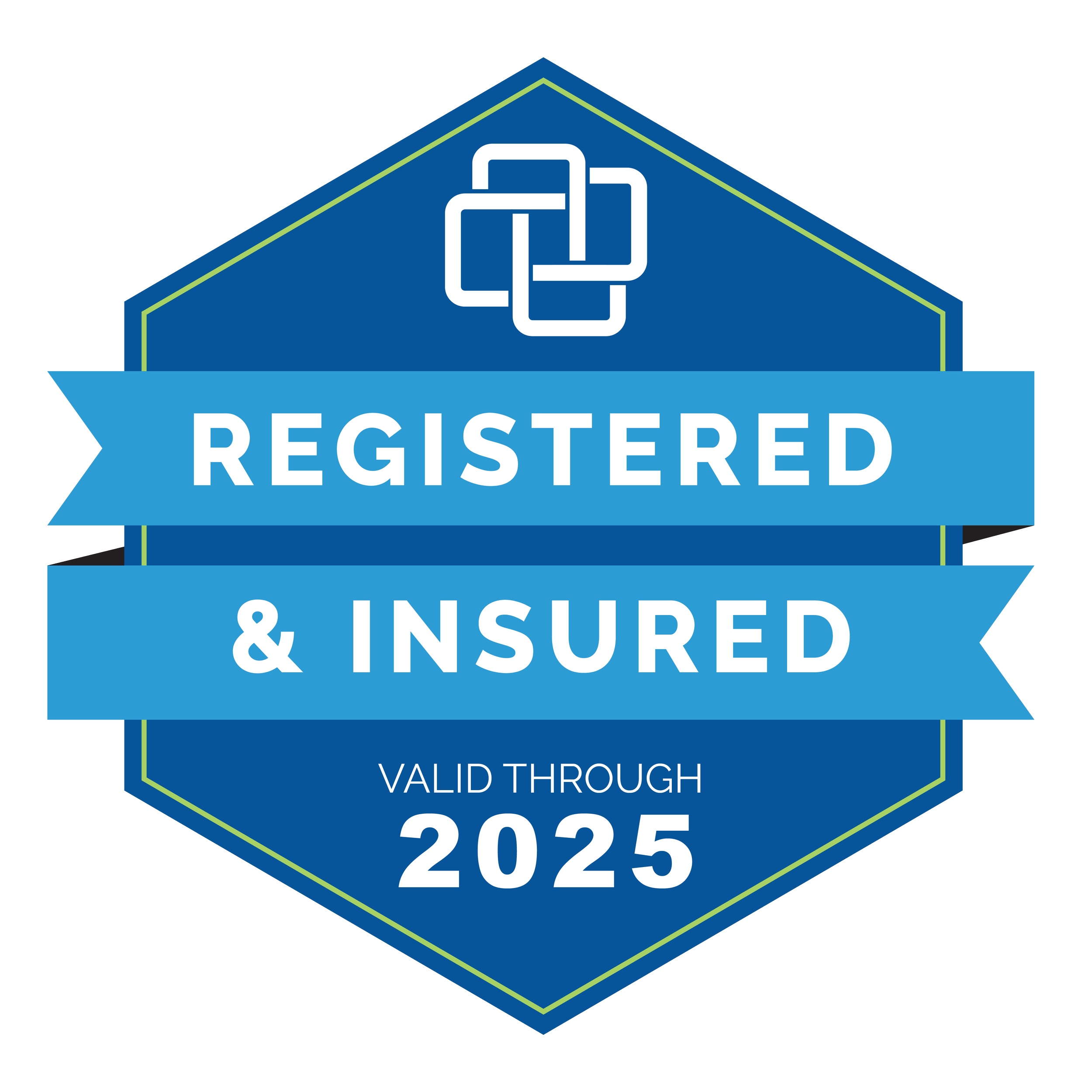 A badge with a blue shield shape, featuring a network icon at the top. It has two blue ribbons across it with the words 'REGISTERED' and '& INSURED' in white, and the phrase 'VALID THROUGH 2025' at the bottom.