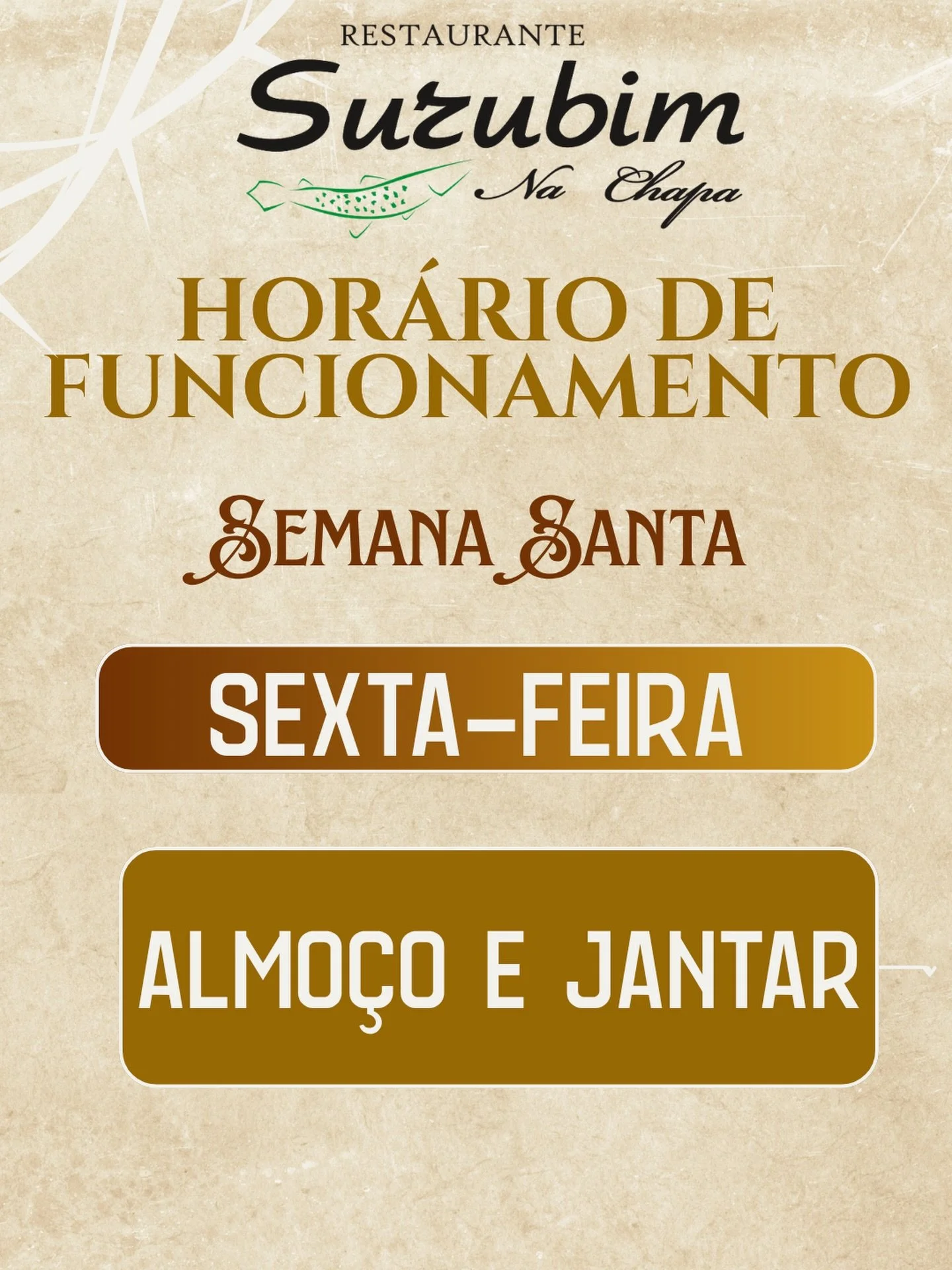 🐟✨ SEXTA-FEIRA SANTA &Eacute; DIA DE PEIXE! ✨🐟

O Restaurante Surubim na Chapa estar&aacute; aberto nesta sexta-feira para receber voc&ecirc; e sua fam&iacute;lia 💛

🍽️ Almo&ccedil;o e jantar
📍 Ambiente acolhedor e comida deliciosa

Venha aprove