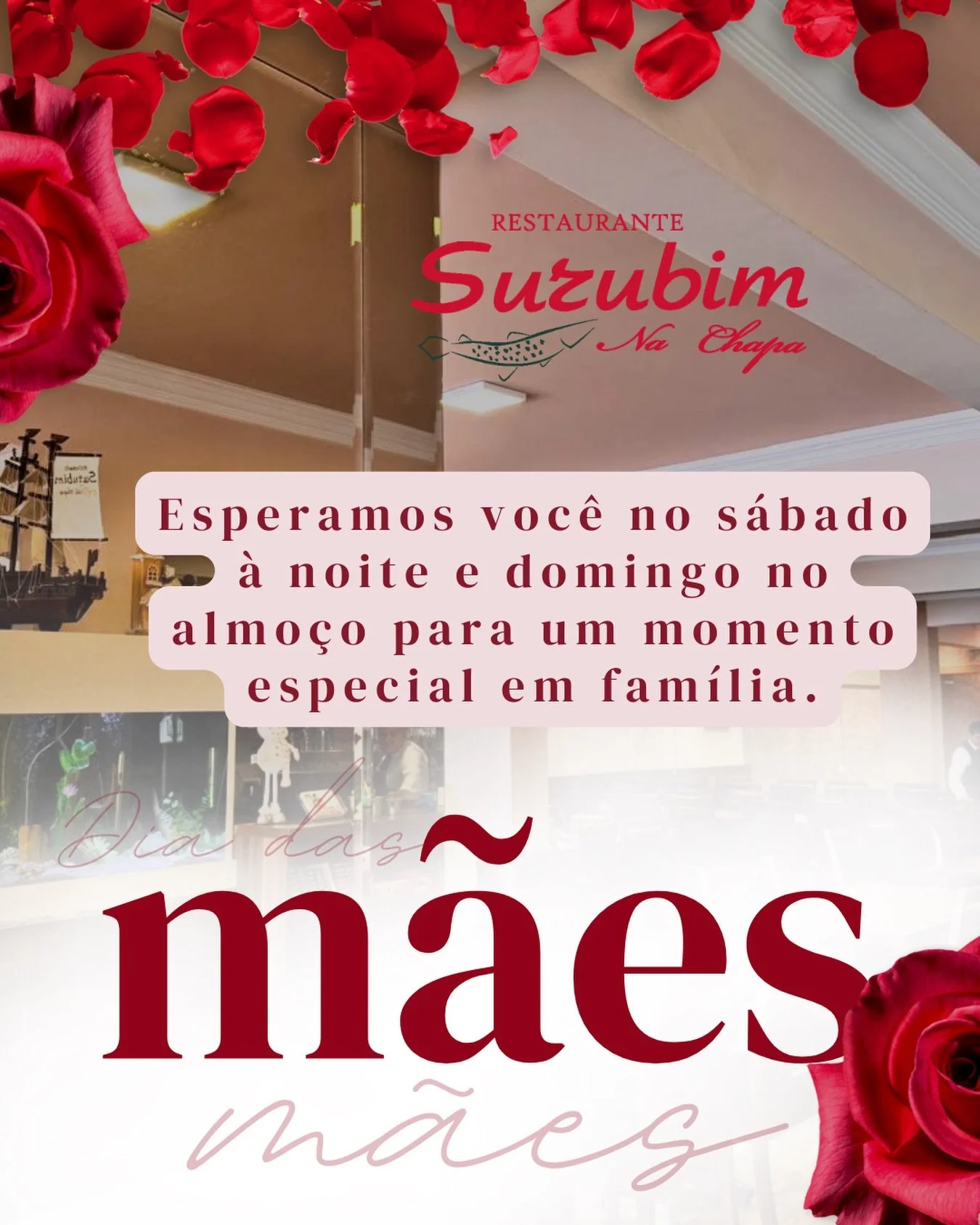 Neste Dia das M&atilde;es, proporcione um momento especial para quem sempre fez tudo por voc&ecirc;.
O Restaurante Surubim na Chapa estar&aacute; aberto no s&aacute;bado &agrave; noite para o jantar e domingo no almo&ccedil;o, preparado para receber 