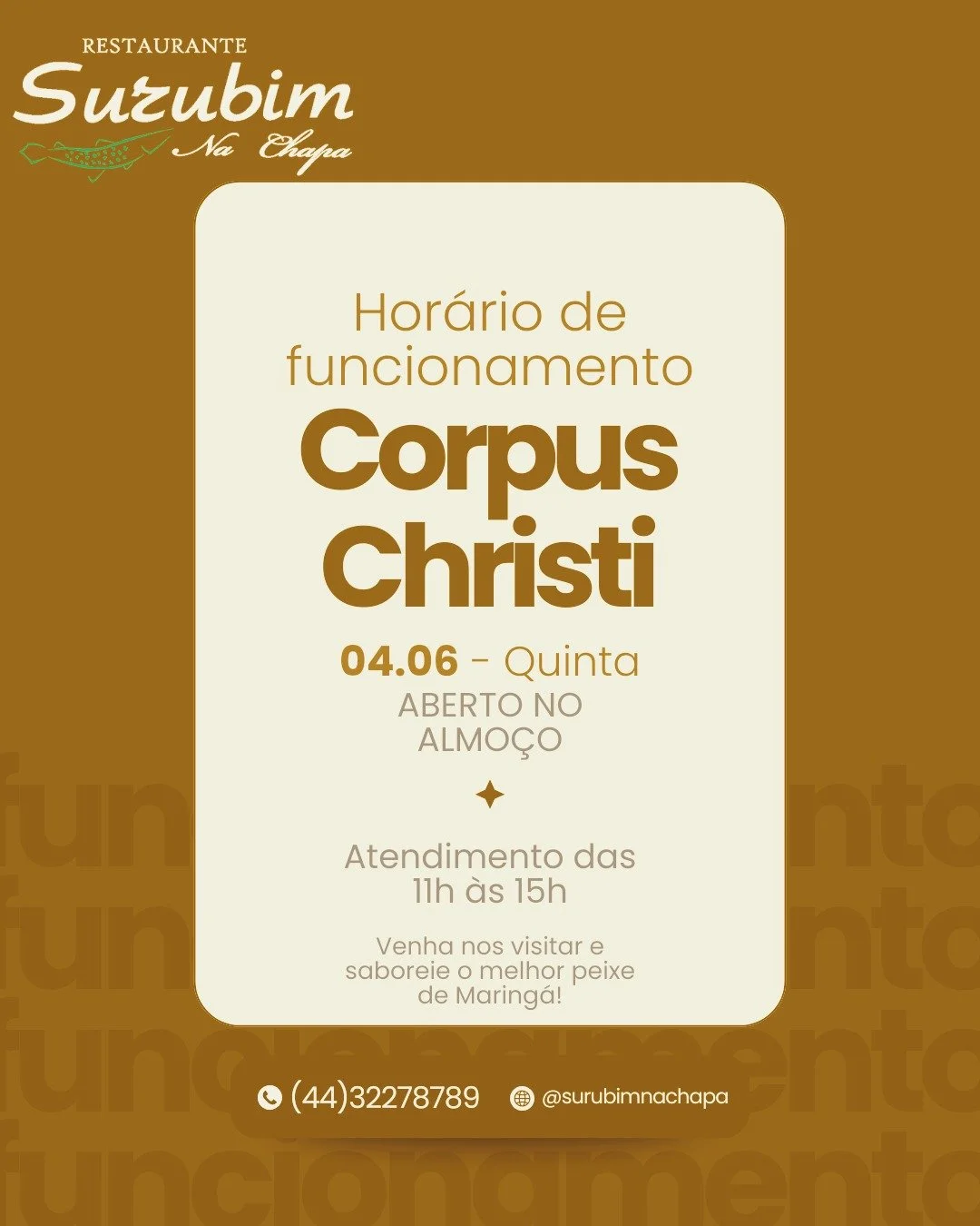 Passando para avisar que neste feriado de Corpus Christi (04/06) estaremos te esperando para um almo&ccedil;o especial! 🐟

Estamos abertos das 11h &agrave;s 15h.

Venha saborear o melhor peixe de Maring&aacute; com a gente!

📍 Reservas e informa&cc