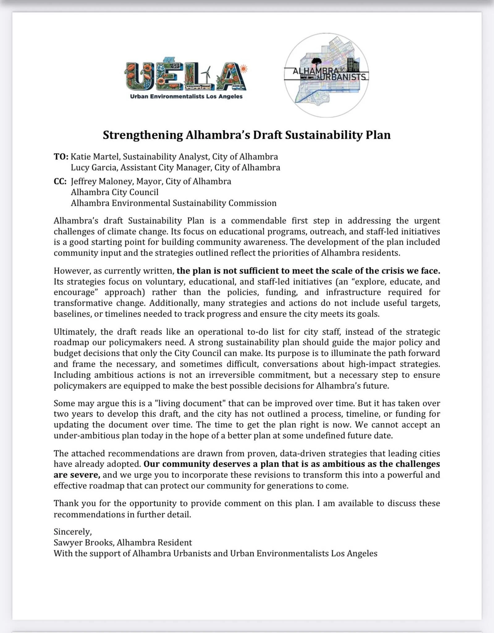 UELA weighs in on Alhambra&rsquo;s draft Sustainability Plan &mdash; and we have thoughts.

Alhambra took a real step forward by developing a sustainability plan with genuine community input. We respect that work. But as currently written, the plan w