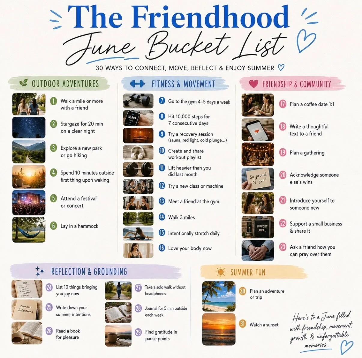 ☀️The Friendhood June Bucket List☀️

We created this June Bucket List as a reminder to slow down, connect, explore, move your body, and make room for joy.

Save this post, send it to a friend, and let&rsquo;s make June a month filled with friendship,