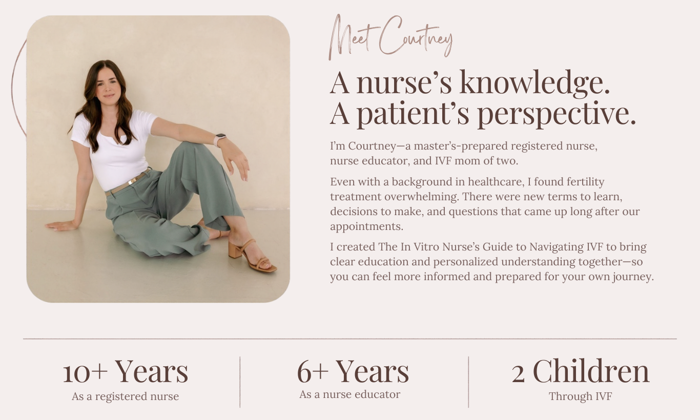 Profile of Courtney, a master’s-prepared registered nurse, nurse educator, and IVF mom of two, sitting on the floor in a white t-shirt and green pants, with text about her professional background, experience, and IVF journey, including her years of experience and children through IVF.