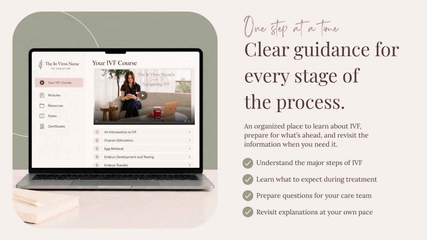 A laptop displaying an online IVF course titled 'Your IVF Course' with sections such as Modules, Resources, Notes, and Certificates. To the right, text describes how the course offers guidance at every stage of the IVF process, emphasizing understanding, preparation, and revisiting information.