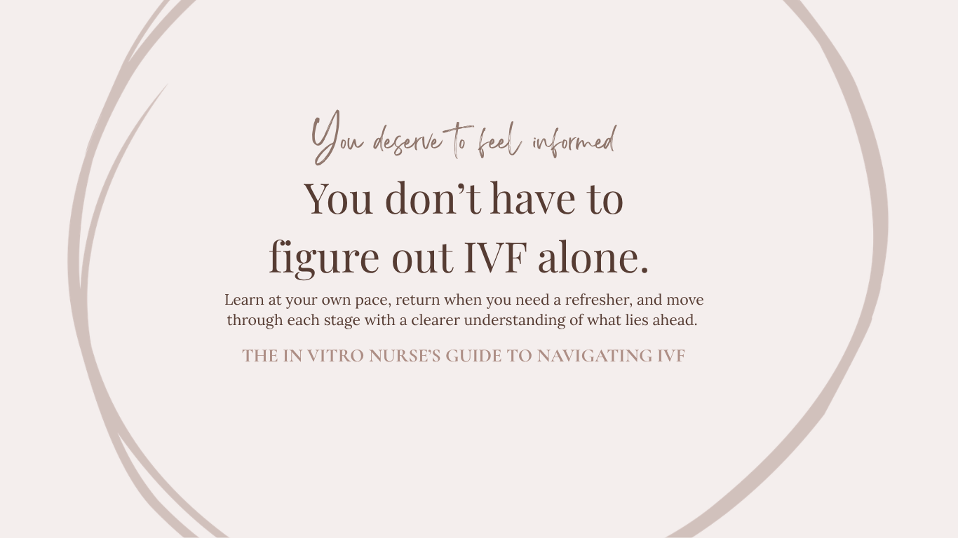 Inspirational quote on a light beige background with soft brown and taupe circles. The quote reads: "You deserve to feel informed. You don't have to figure out IVF alone. Learn at your own pace, return when you need a refresher, and move through each stage with a clearer understanding of what lies ahead. The in vitro nurse's guide to navigating IVF."