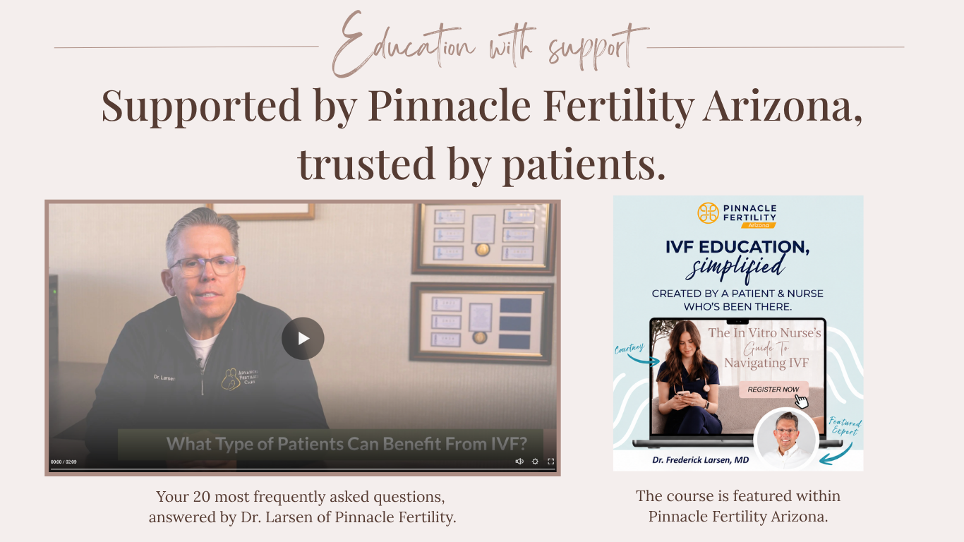 Screenshot of an online fertility education video featuring Dr. Frederick Larsen, with a title slide mentioning IVF education and a woman looking at her phone, with a register now button, and a background with framed certificates.