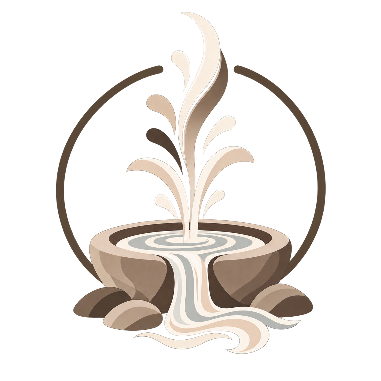 Stylized fountain with water flowing from multiple streams into a circular basin, surrounded by rocks, with a minimalist design and neutral colors.