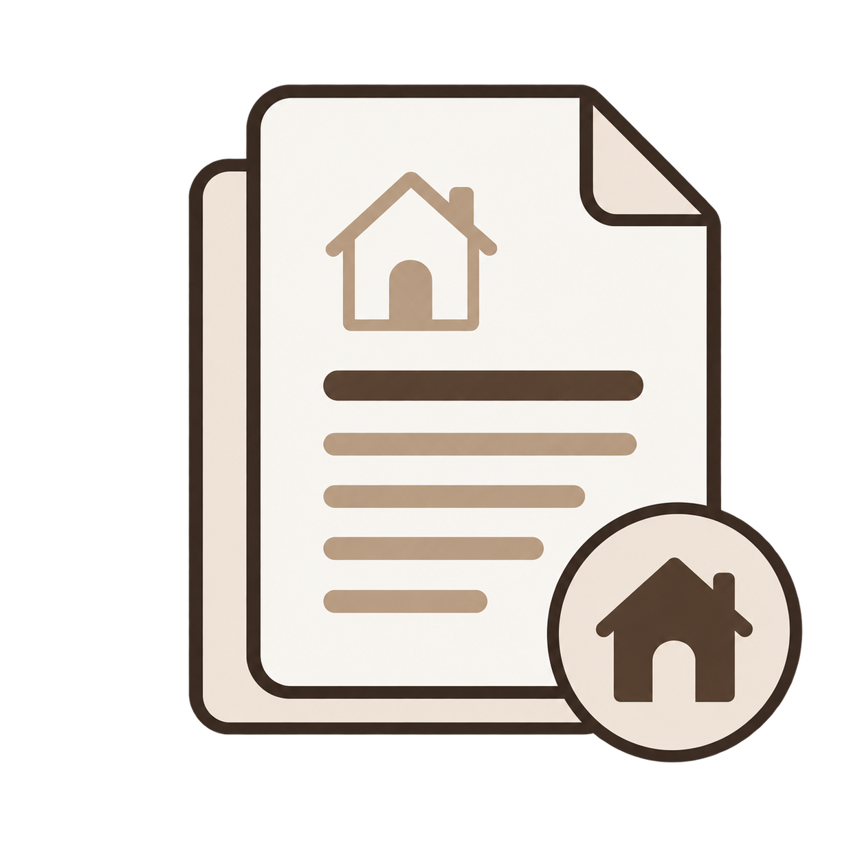 Illustration of a real estate document with a house icon and a circular house icon in the bottom right corner.