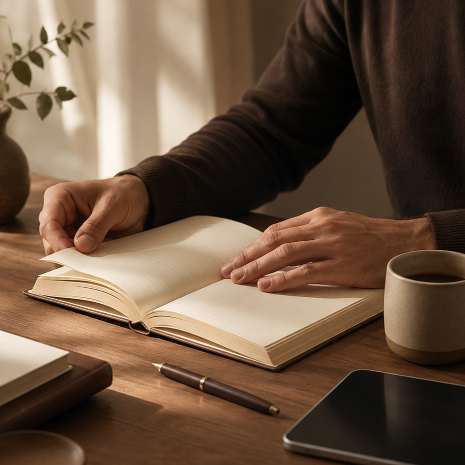 Person opening a blank hardcover notebook at a wooden desk with a cup of coffee, pen, smartphone, and books nearby.