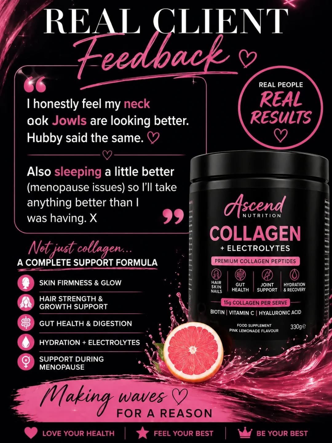 ✨ REAL CLIENT FEEDBACK ✨

&ldquo;Honestly my neck &amp; jowls are looking better&hellip;
Hubby said the same 😍
Also sleeping a little better (menopause issues)
so I&rsquo;ll take anything better than I was having 💖&rdquo;

💗 ASCEND COLLAGEN + ELEC