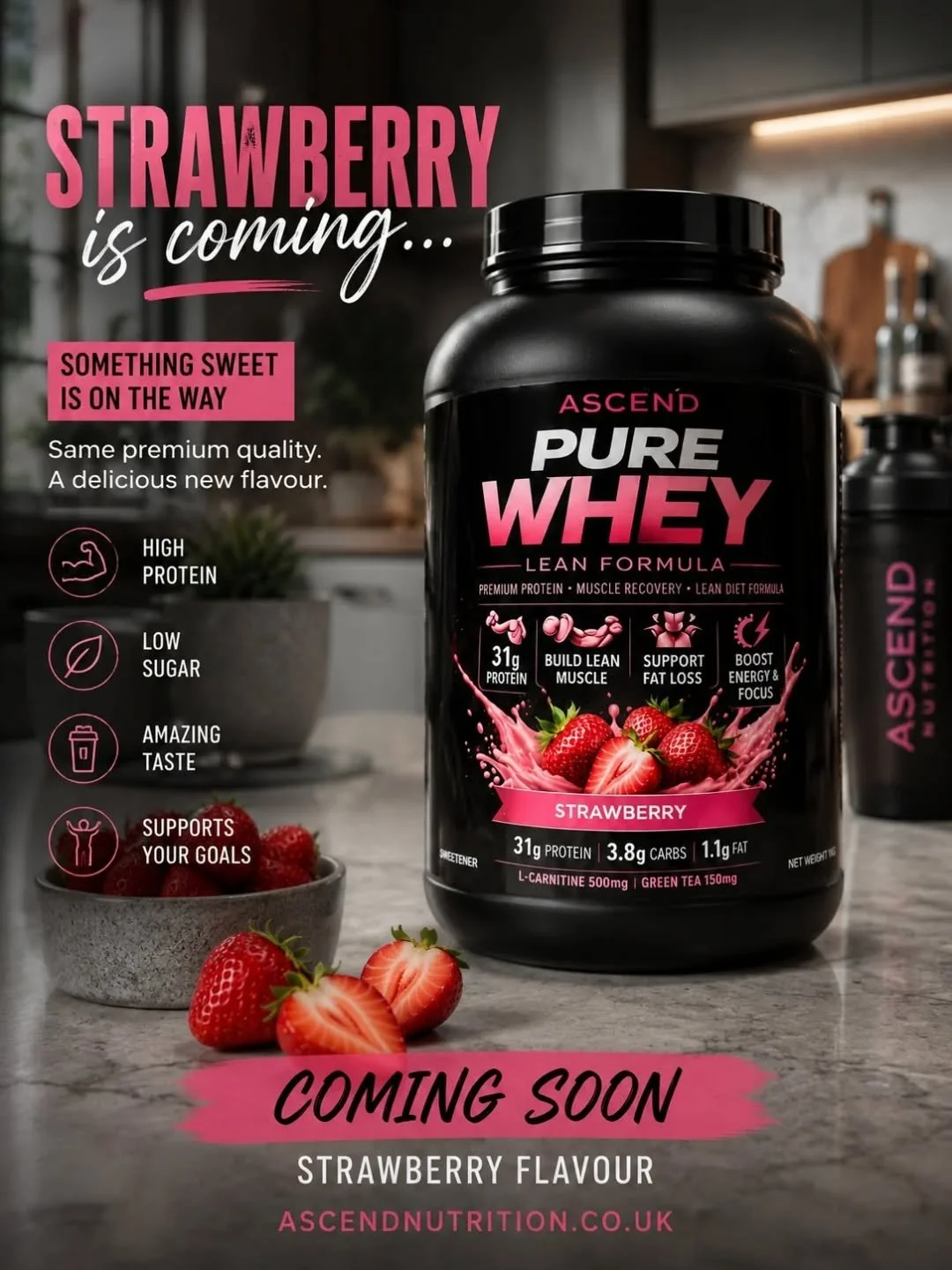 🍓 SOMETHING SWEET IS COMING&hellip; 👀

Meet your new obsession&hellip; ASCEND STRAWBERRY PROTEIN 🍓💪

High protein. Smooth texture. No compromise on taste. Designed to support your goals without the heavy, chalky feel 👏

Perfect for: ✨ Lean muscl