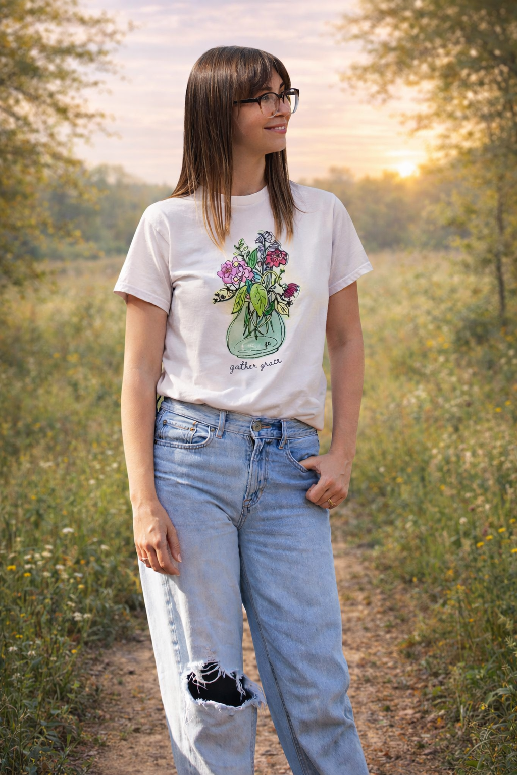 Gather Grace Christian Floral T-Shirt _ Soft Botanical Faith Tee for Women Vintage White.png