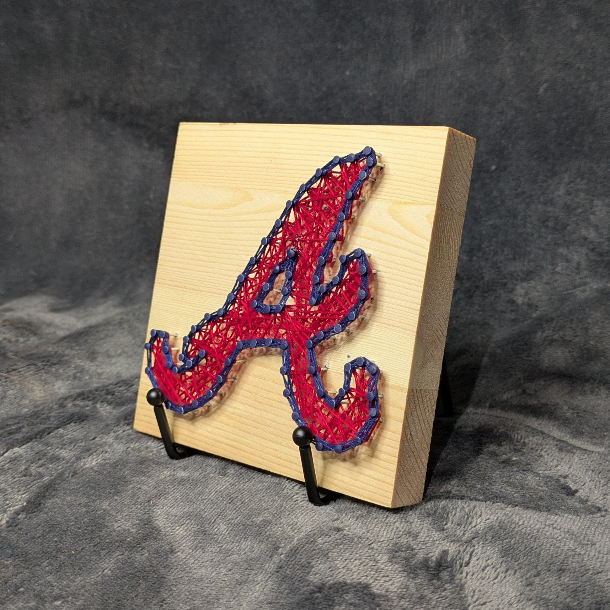 Atlanta Braves Logo Red with Blue Border on a Natural Board