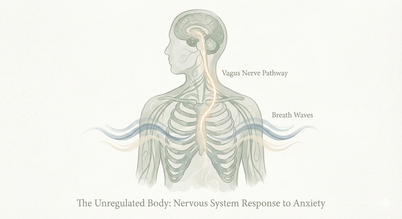 Soft anatomical illustration of the nervous system and vagus nerve showing the body’s role in anxiety and emotional regulation.