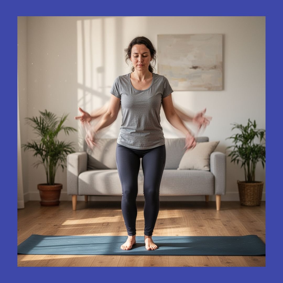 Minimalist line illustration of a person shaking out stress to release nervous system tension.