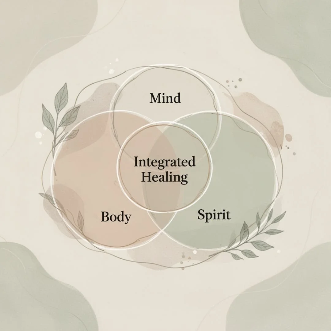 “Minimalist diagram showing mind, body, and spirit overlapping to represent integrated therapy at a private counseling clinic in Little Rock, Arkansas.”