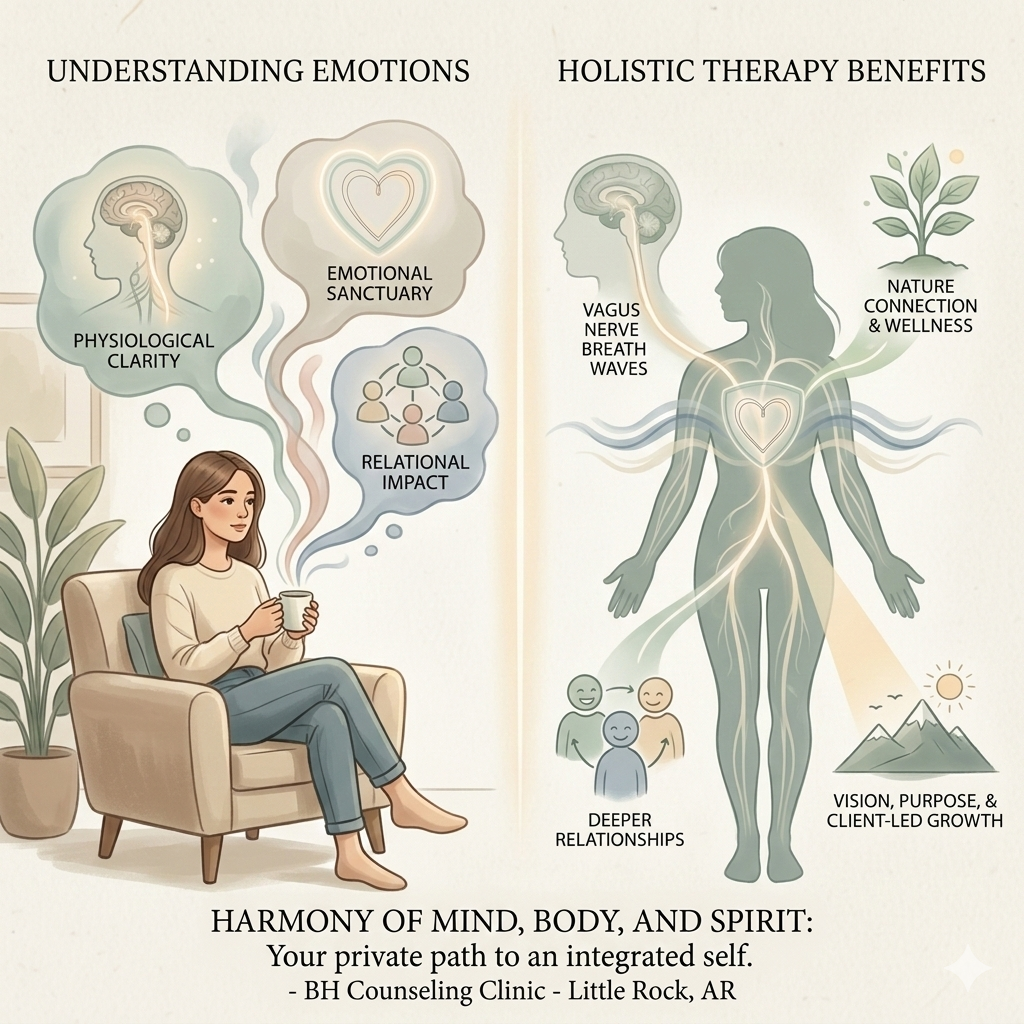 Holistic therapy illustration for BH Counseling Clinic Little Rock, AR, showing the interconnectedness of physiological grounding (vagus nerve), emotional clarity, and relational wellness for sustainable mental health.