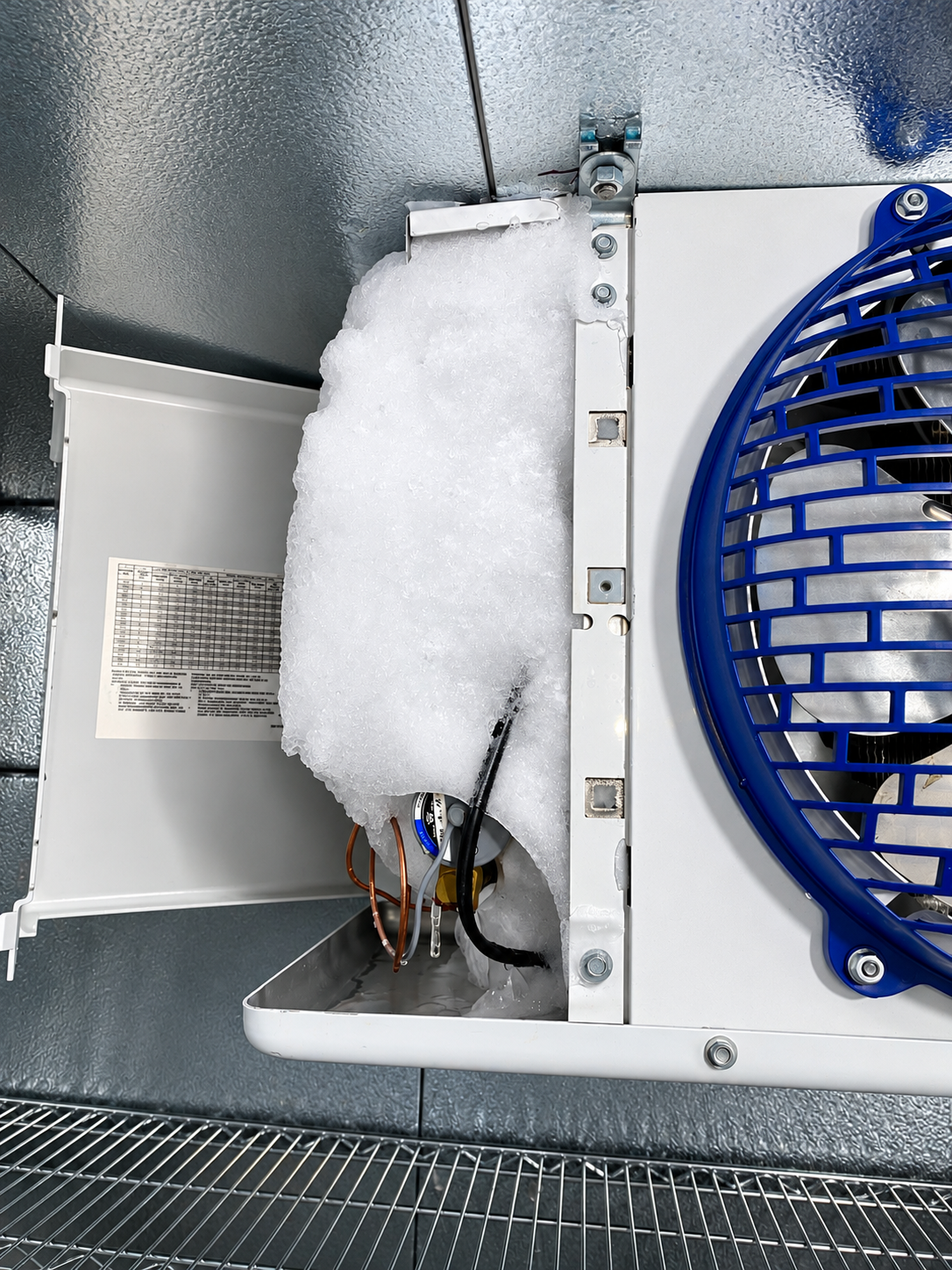 Heavily frosted walk-in freezer evaporator coil during refrigerant leak repair at a Federal Way restaurant