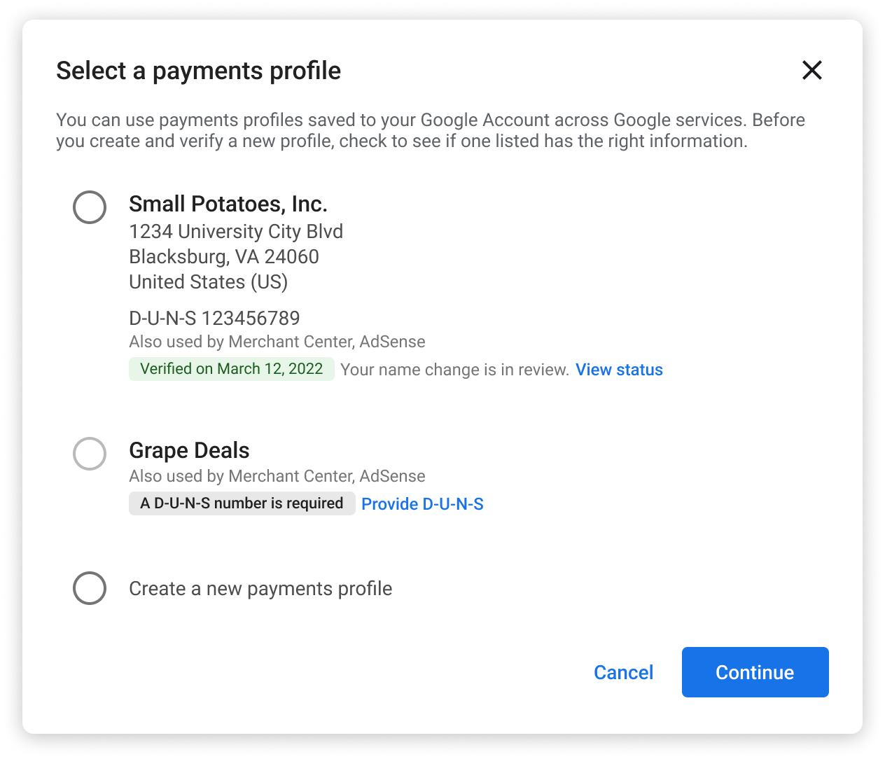 Legacy Select a payments profile dialog