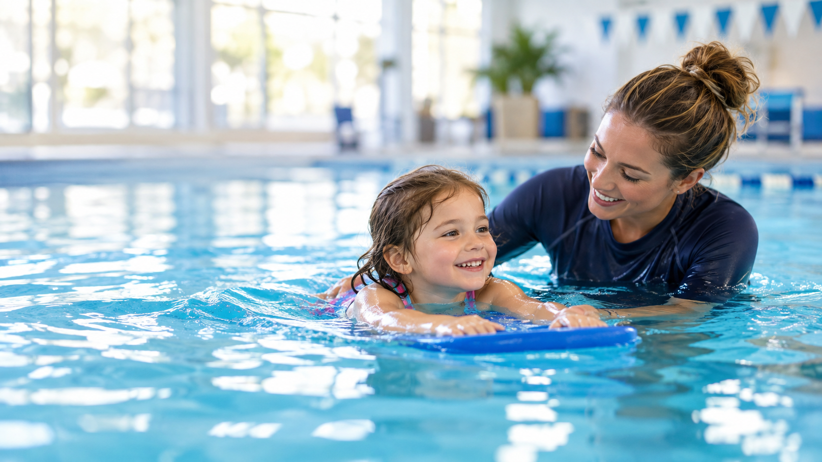 Swim instructor helping a smiling young child learn to swim with a kickboard in a turquoise indoor pool.