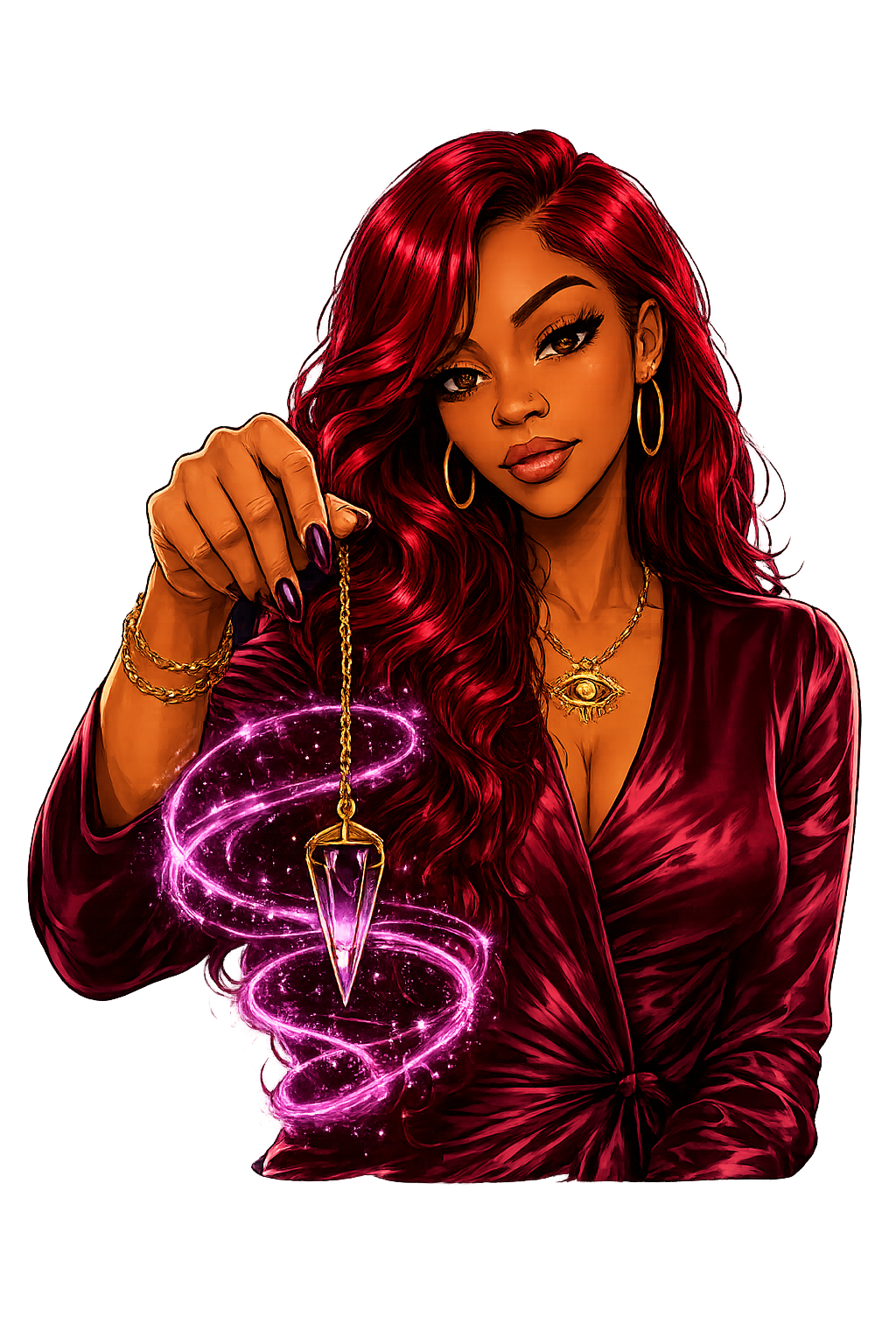 Digital artwork of a woman with long, wavy red hair wearing a shiny deep red dress. She is holding a glowing pink spiral with a pointed crystal pendant, and is adorned with gold jewelry including earrings and necklaces with eye symbols.