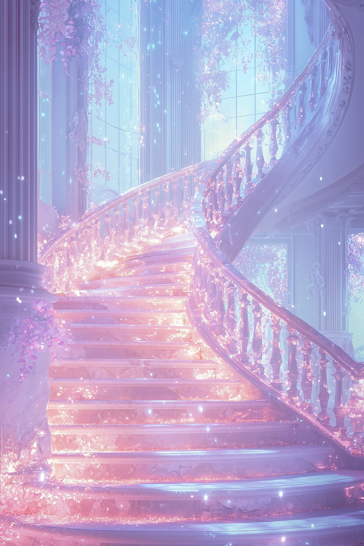 A spiraling staircase with glowing, pastel-colored lights and sparkling effects inside a bright room with large windows and tall columns.
