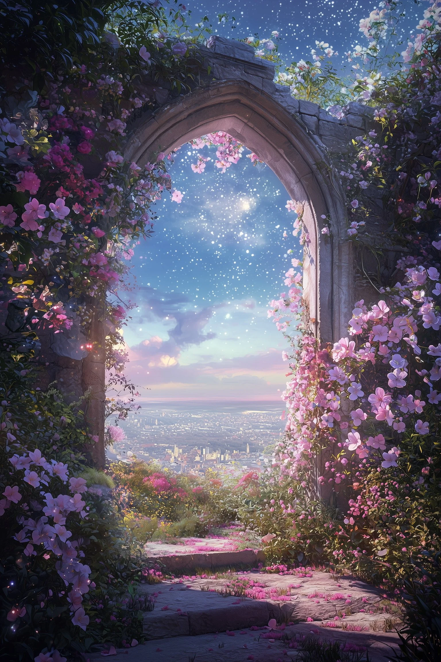A scenic view through an old stone archway covered in pink and purple flowers, overlooking a cityscape at sunset with a starry sky.