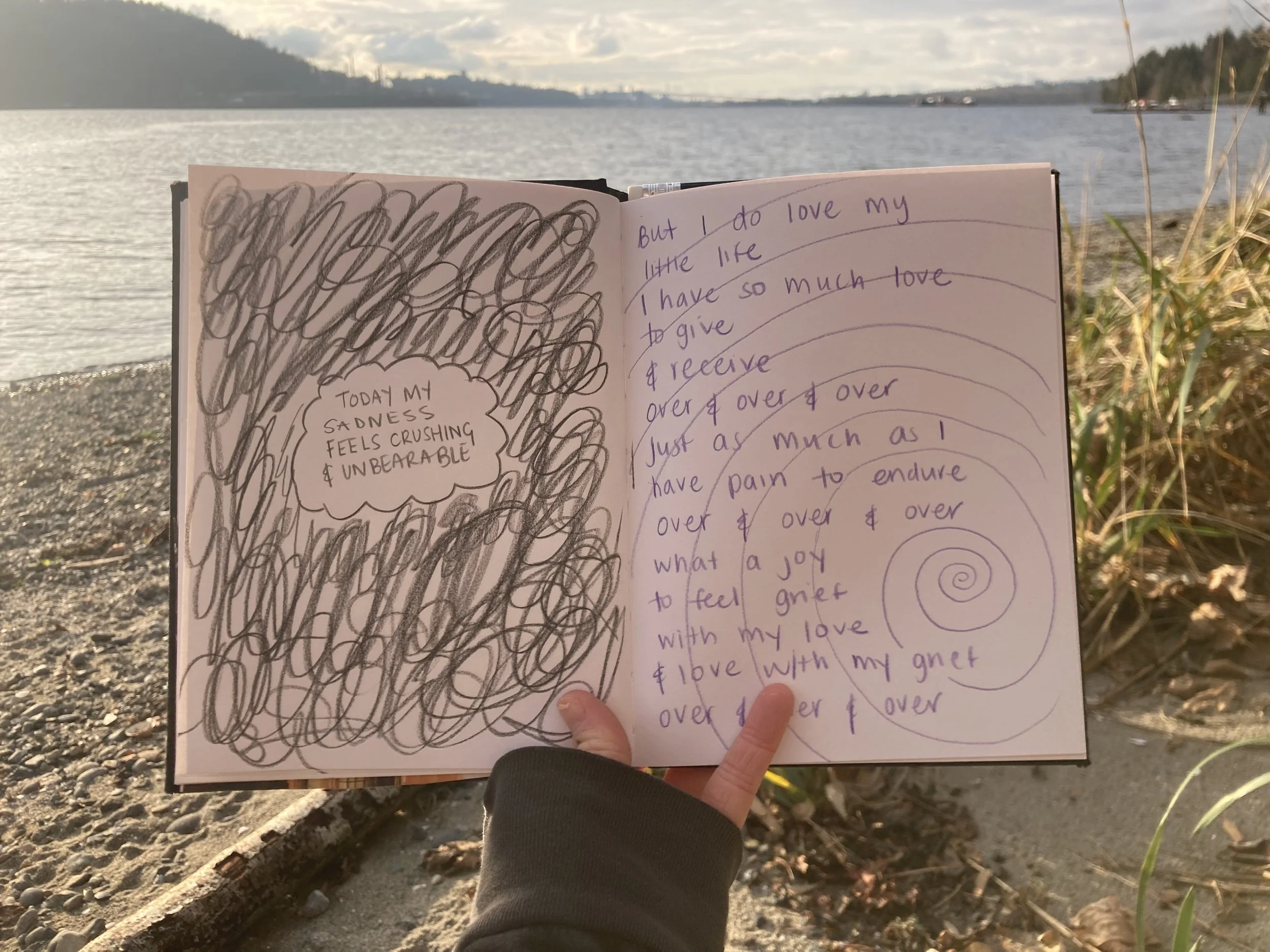 Open journal with handwritten text and scribbles, held in front of a lakeside scene with trees, water, and a cloudy sky. Journaling materials used in expressive arts and trauma-informed creative sessions.