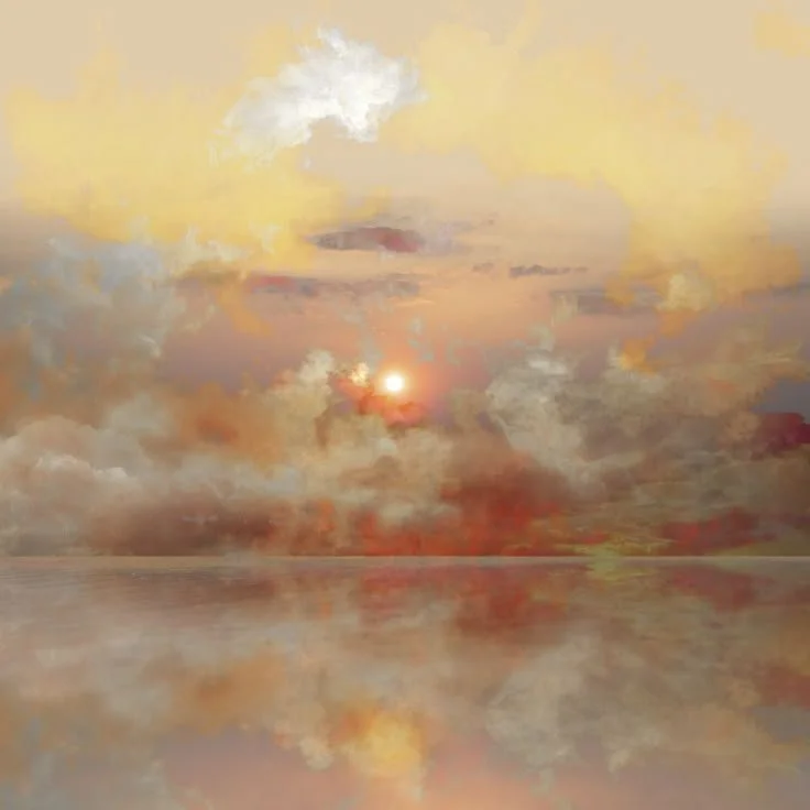 A digitally painted sunset over a calm body of water with colorful clouds in the sky.