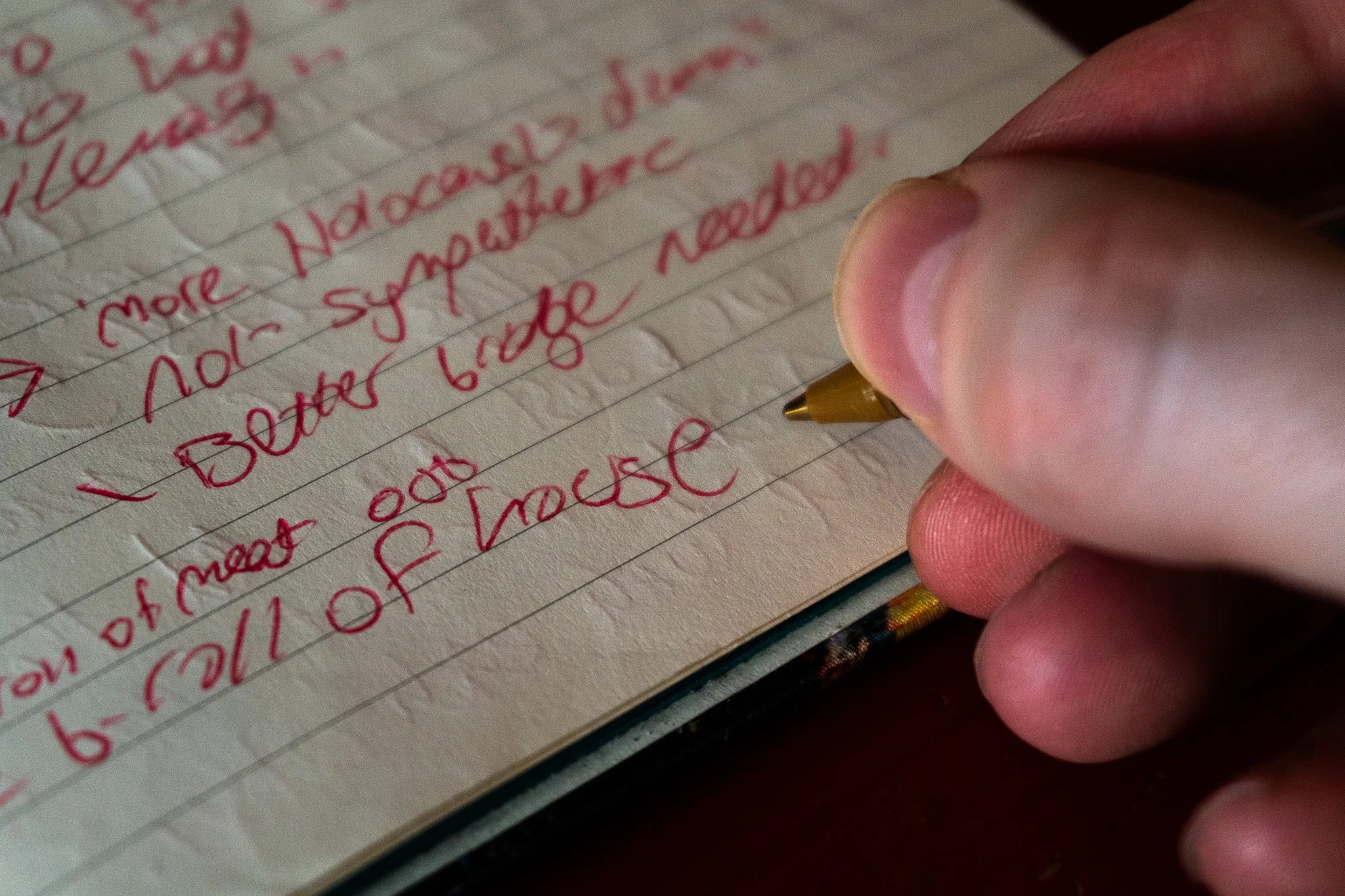 Close-up of Jack’s hand writing in his notebook with red ink.