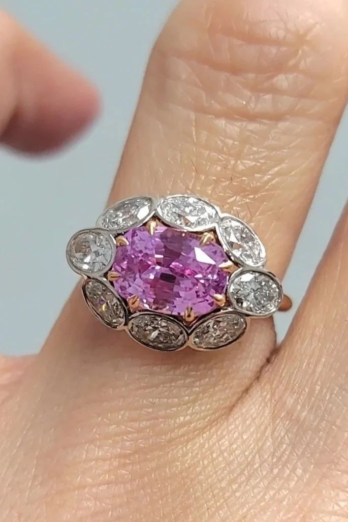 Fairbank Pink - Lavender Sapphire and oval diamond ring