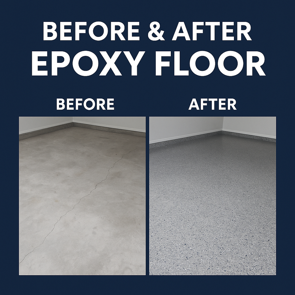A beautiful before and after shot of a garage floor transformation