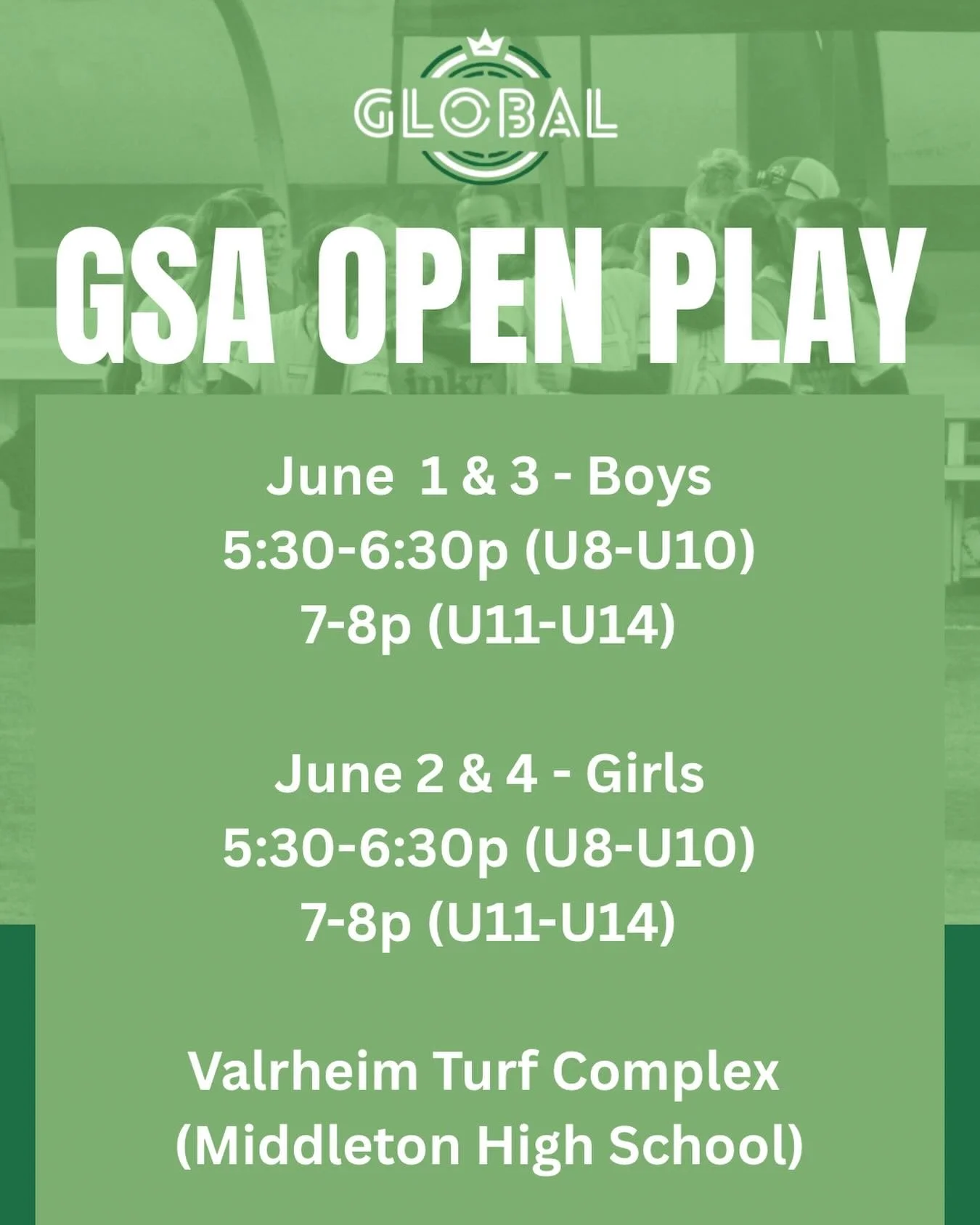 GSA Open Play Dates Announced. Join us at Valrheim Turf Complex, June 1-4, for play and early evaluations for tryouts and player placement. Come see, learn, and experience the GSA WAY! GSA Staff will be on hand to meet parents and players, answer que