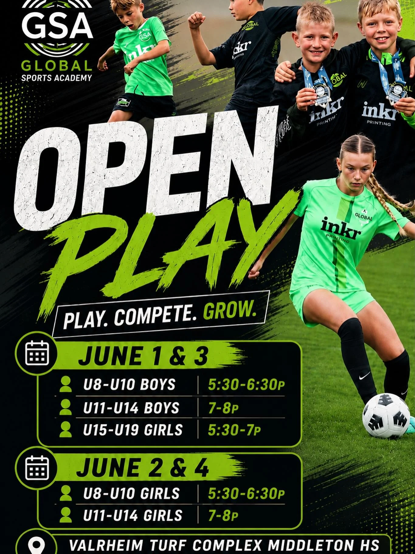Join us for GSA OPEN PLAY.  Lots of fun, and opportunities, to meet staff and your future teammates. See what GSA is all about! June 1-4 at Valrheim Turf Complex (Middleton HS). We are Idaho!