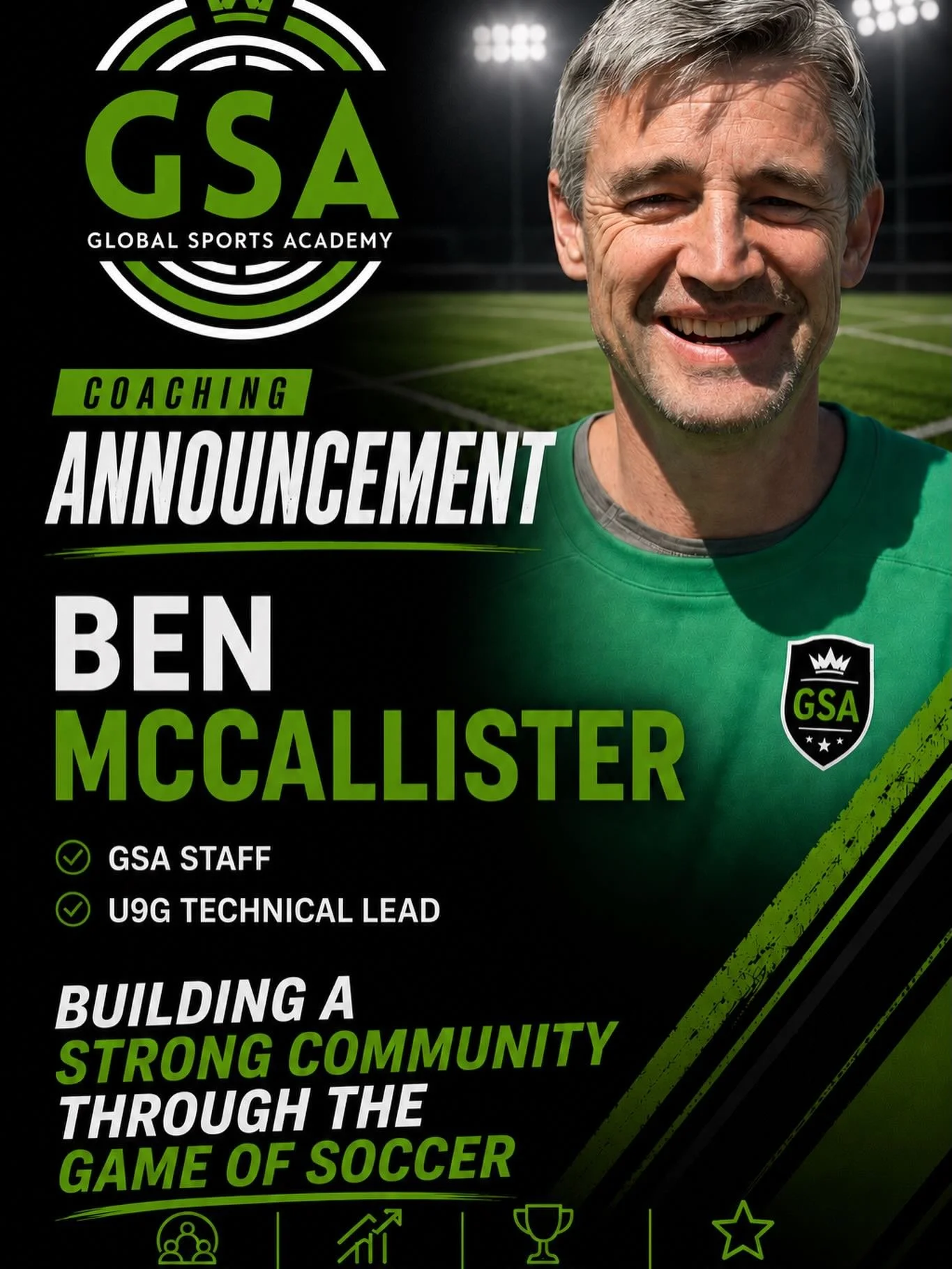 GSA Staffing Announcement: Ben McCallister is the U9 Girls Technical Lead.  Watts, GSA Sporting Director, &ldquo;Ben and family are the backbone of the Middleton soccer community, and we are lucky to have him helping us build the GSA foundation.&rdqu