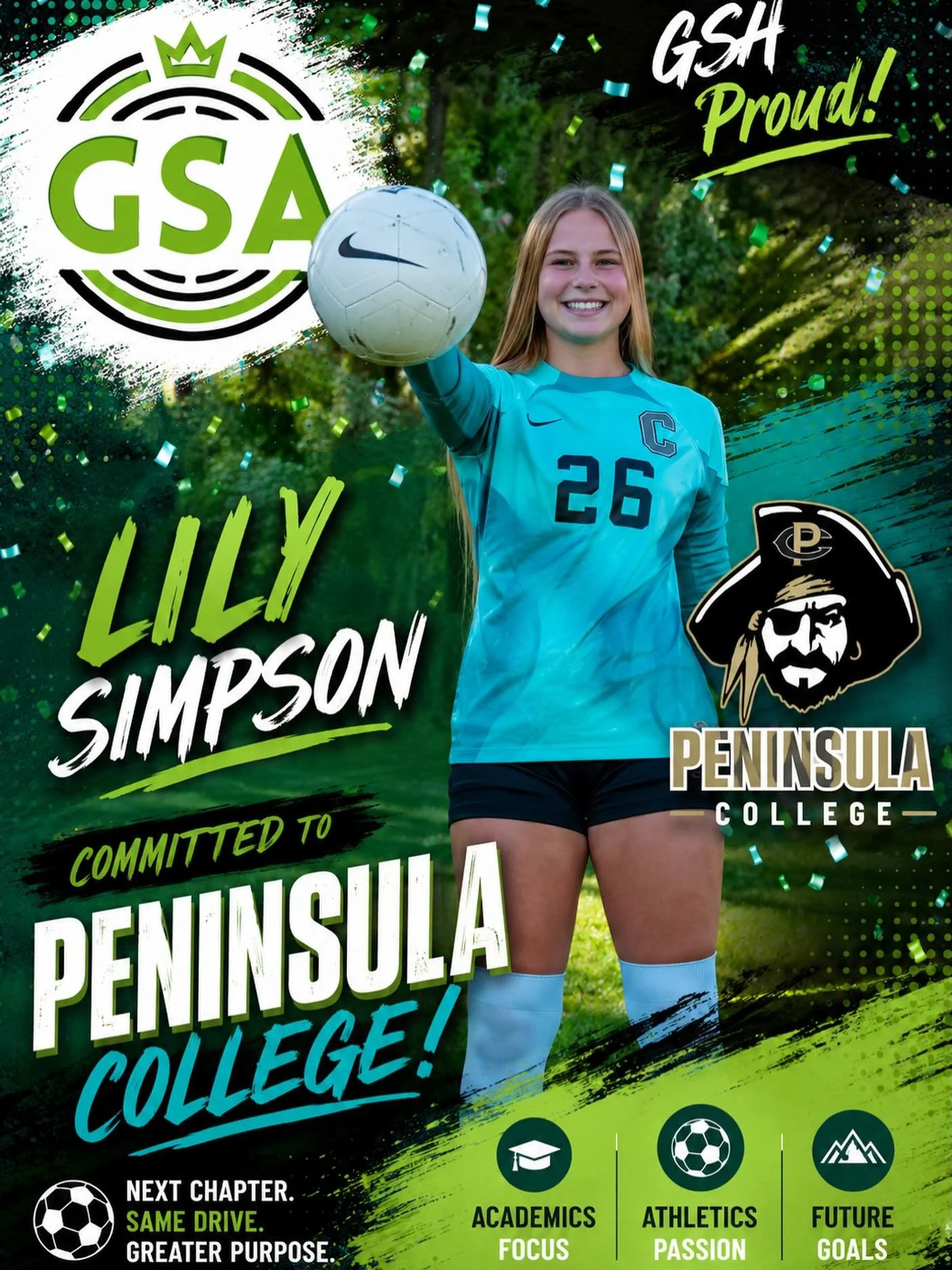 Lily Simpson has committed to Peninsula College to continue her education and amazing playing career. Michael Mollay, GSA Executive Director &ldquo;Lily has amazing drive and desire to succeed&hellip;she has become a special keeper who will be an out